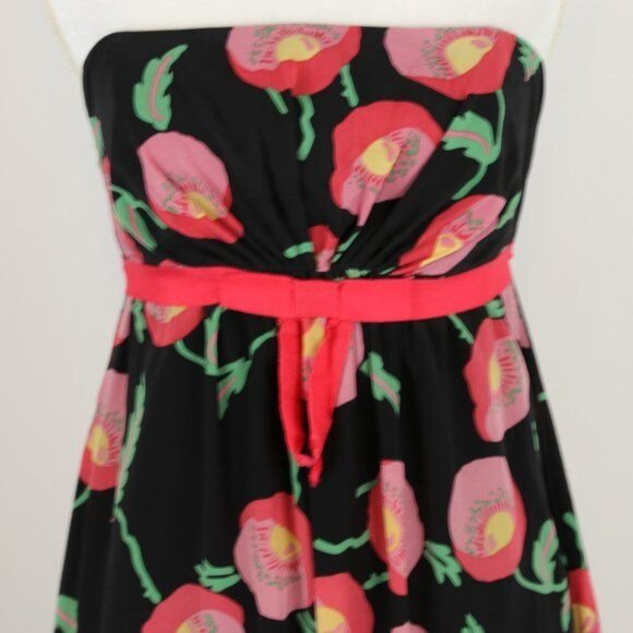 Anna Sui Papaver Women's Size 6 Black Pink Floral 100% Silk Strapless Dress - Picture 2 of 8